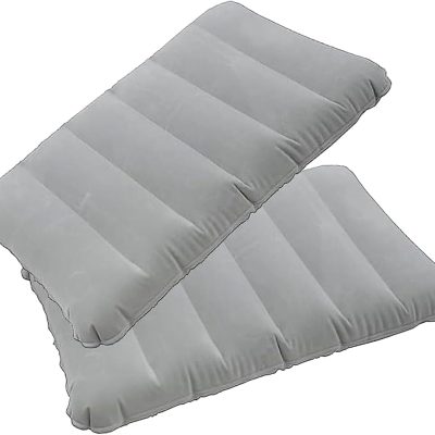 2-pack ultralight square inflatable camping pillows with flocked fabric, suitable for hiking, travel, naps, desk rest, beach activities, providing cervical and lumbar support.
