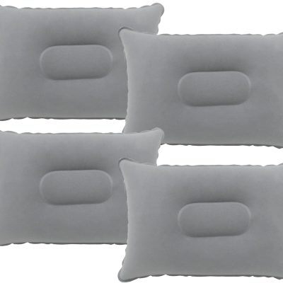 4-pack gray ultra-lightweight inflatable pillows, small square flocked fabric, suitable for beach hiking, camping, travel, napping, desk support, and neck and lumbar support.