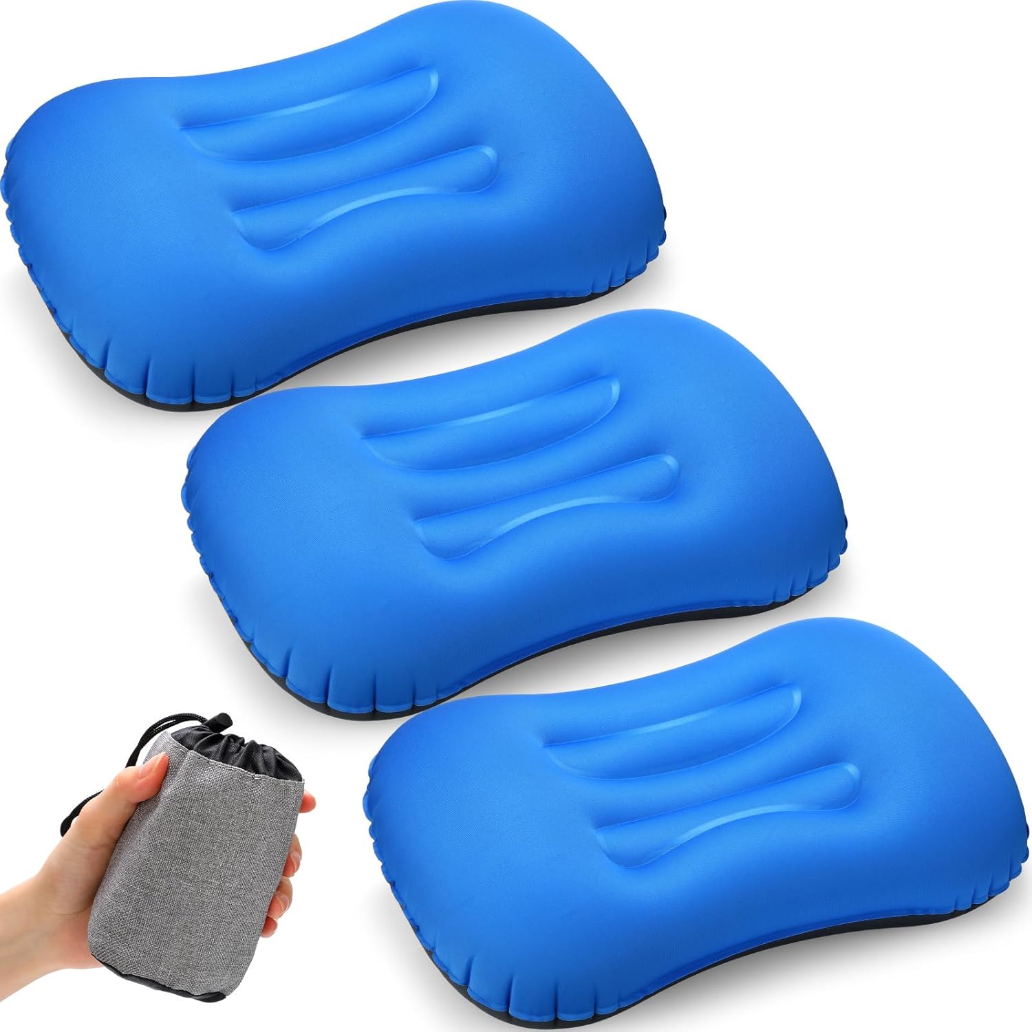 3-pack inflatable camping travel pillows, ultra-lightweight inflatable pillows, lightweight camping pillows, portable backpack pillows, neck and lumbar support, suitable for hiking, sleeping, and camping.
