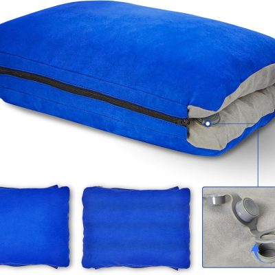 Inflatable camping pillow, made of memory foam, with a removable and washable pillowcase, suitable for camping gear and travel, suitable for airplanes and camping.