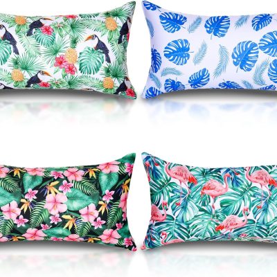4-pack inflatable beach pillows, portable travel camping pillows, tropical leaf pattern pillowcases, suitable for... For Hawaiian summer pool trips and vacations