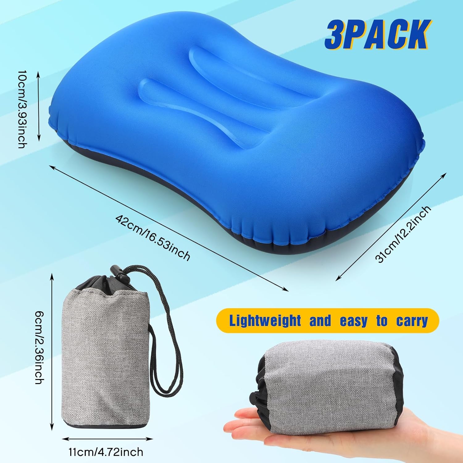 3-pack inflatable camping travel pillows, ultra-lightweight inflatable pillows, lightweight camping pillows, portable backpack pillows, neck and lumbar support, suitable for hiking, sleeping, and camping. - Image 2