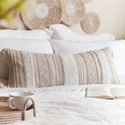 Cream-colored decorative lumbar pillowcase 14x36 Bohemian style long cushion, suitable for bedding, neutral tone, country style pillowcase, suitable for bedroom, living room, sofa, home décor (pillowcase included, 1 piece)